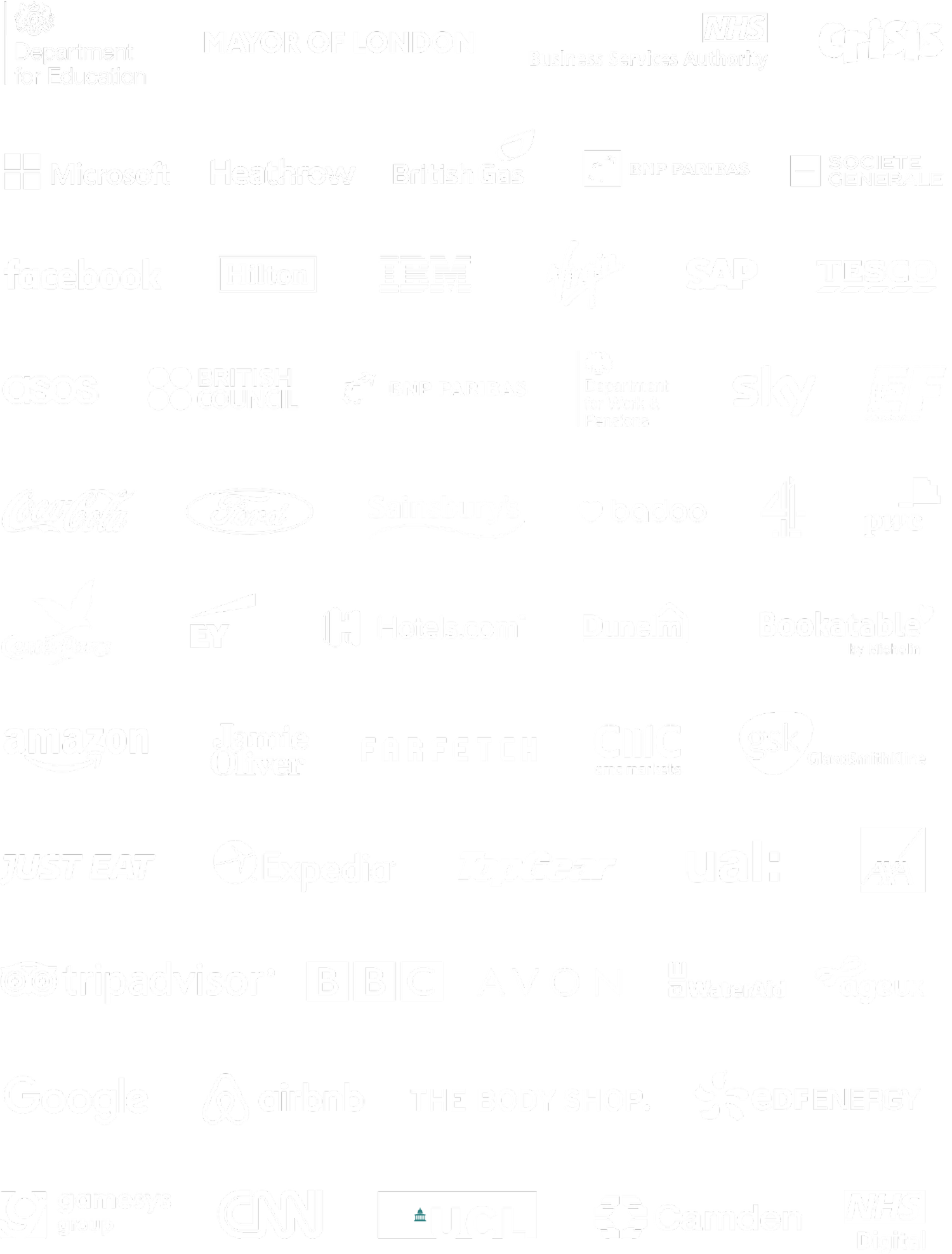 Client logos including Microsoft, Heathrow, British Gas, BNP Paribas, Societe Generale, Universal, Ministry of Defence and Post Office