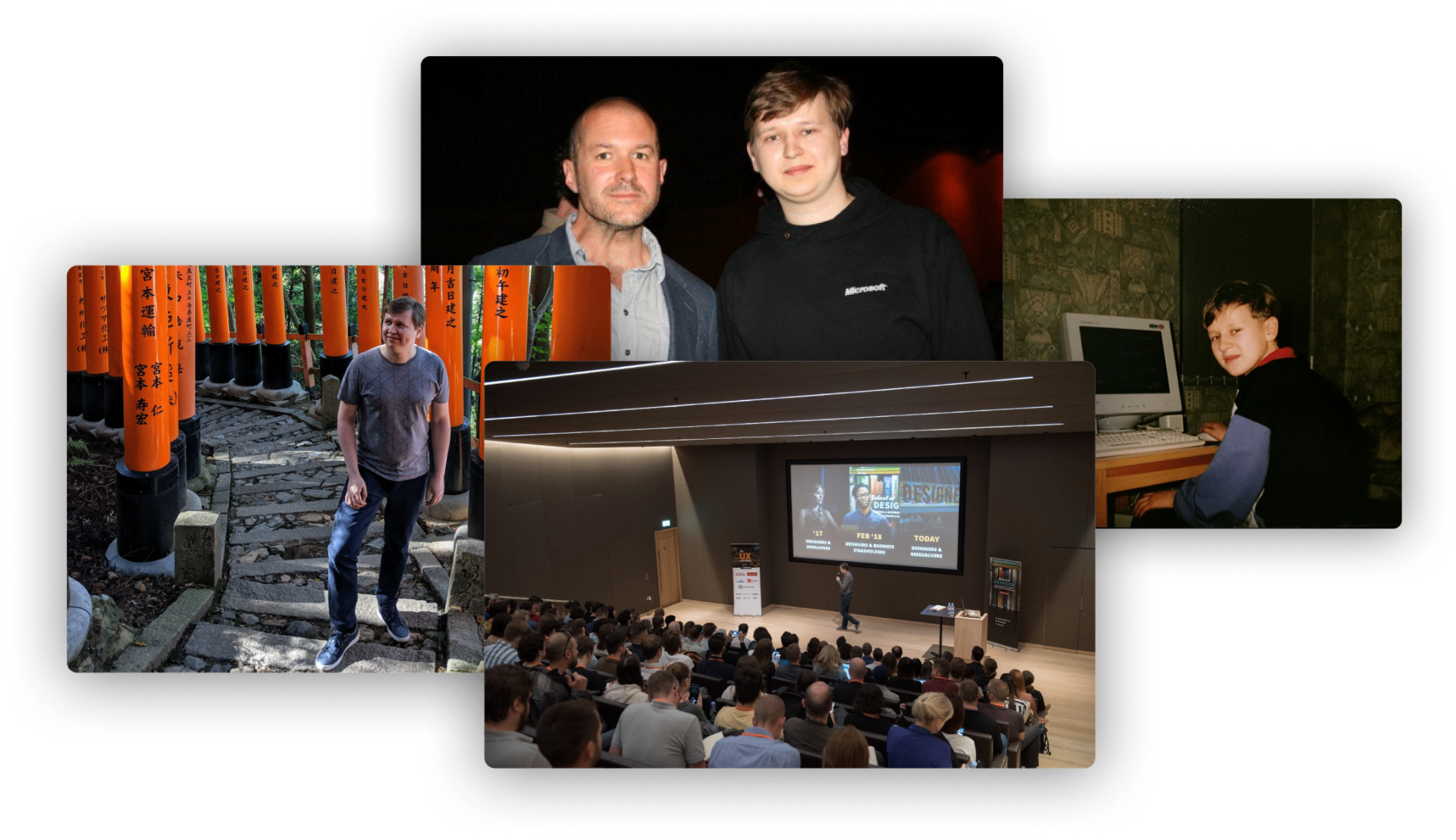 Collage of photos from Sergei Golubev's career – from childhood in Estonia to running The UX Conference in London