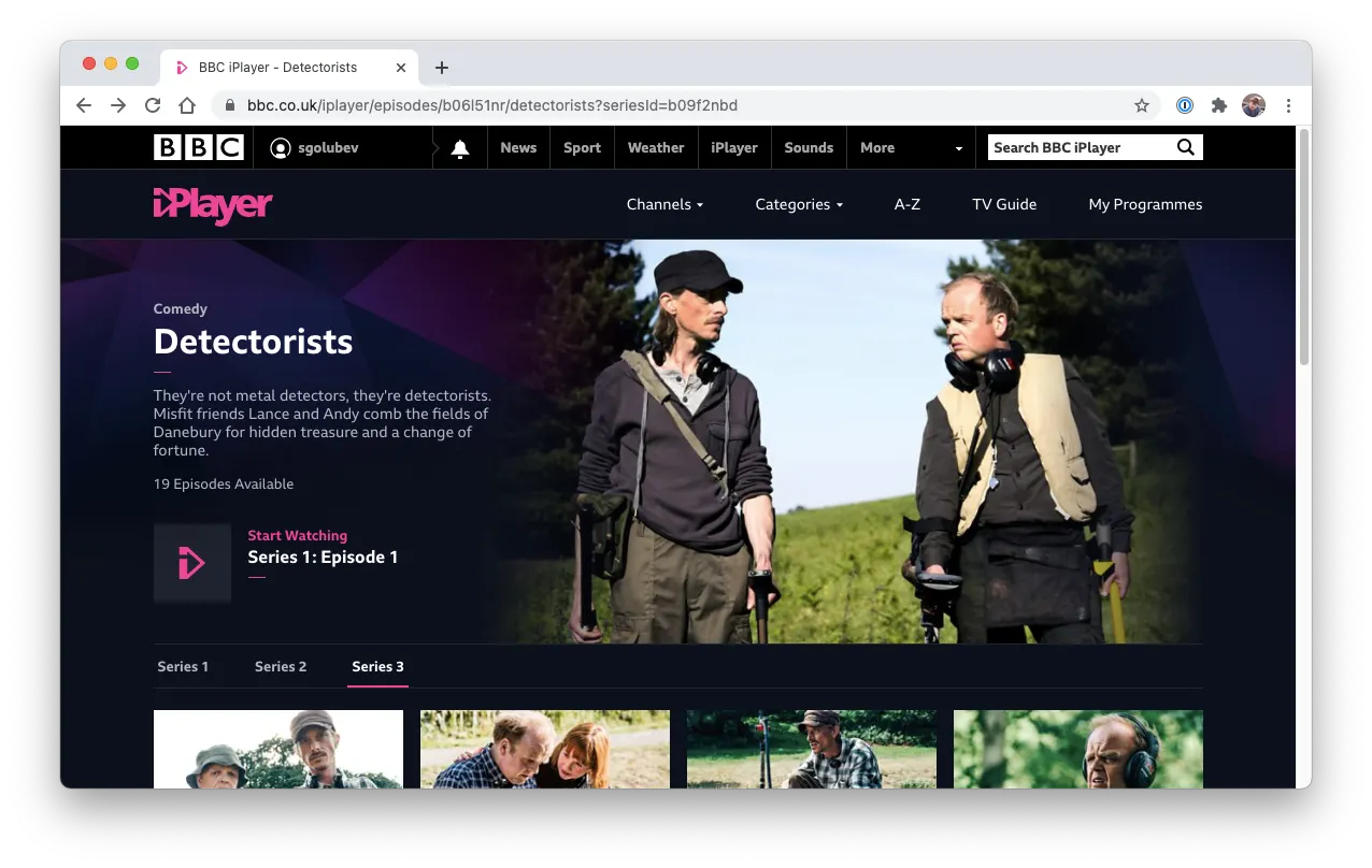 BBC iPlayer page for Detectorists, a comedy series with Toby Jones and Mackenzie Crook