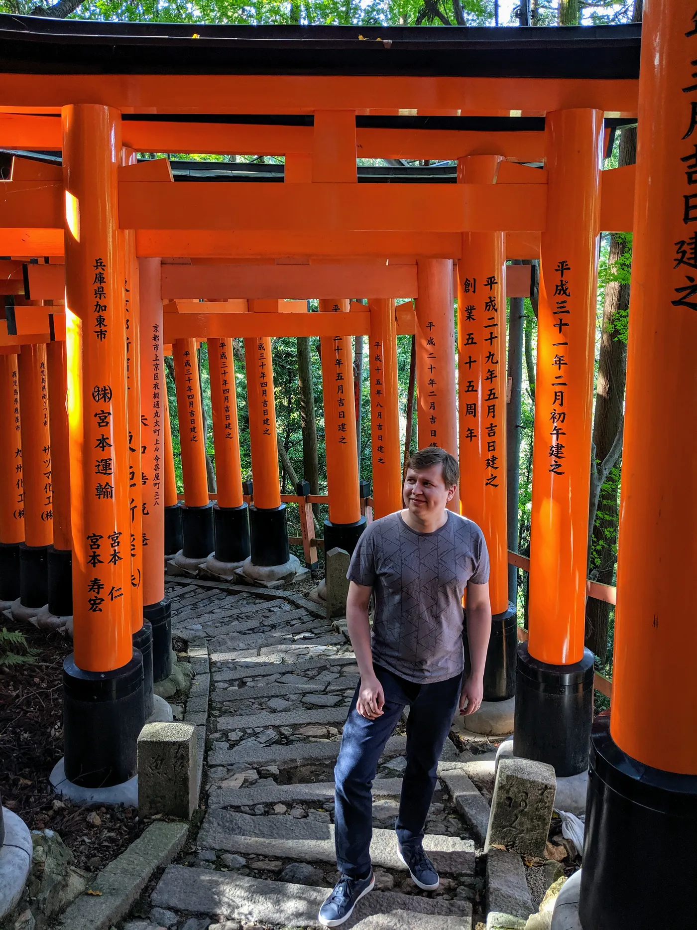 Sergei Golubev standing among the orange torii gates at Fushimi Inari shrine in Kyoto, Japan