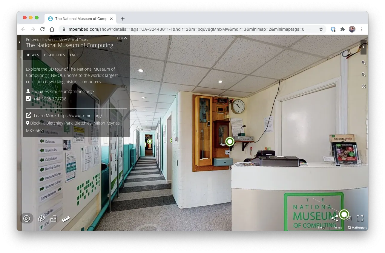 3D virtual tour of The National Museum of Computing at Bletchley Park, showing the reception area and gallery signs